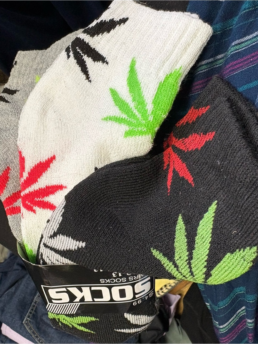 Men’s Crew Socks - Black, White & Gray with Green & Red Leaf Print